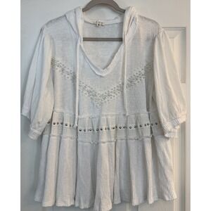 POL Pearl Studded Hoodie Top Small White Boho Embellished Oversized Loose FLAW